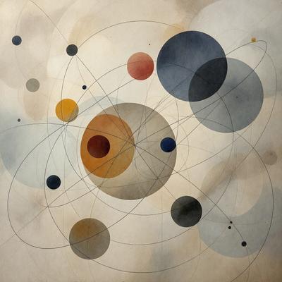 The primary subject of the image is a large, intricate, and colorful painting featuring a variety of circles and other shapes. The setting is a white background, which provides a clean and uncluttered appearance. The visual style is a combination of digital art and illustration, creating a unique and captivating piece of art. The dominant colors in the painting are orange, blue, and yellow, which contribute to a lively and vibrant atmosphere.